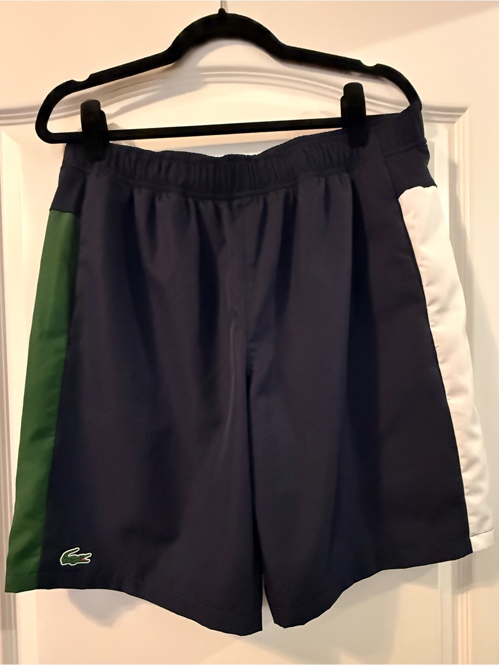 Lacoste Navy Athletic Swim Shorts with Green & White Panels